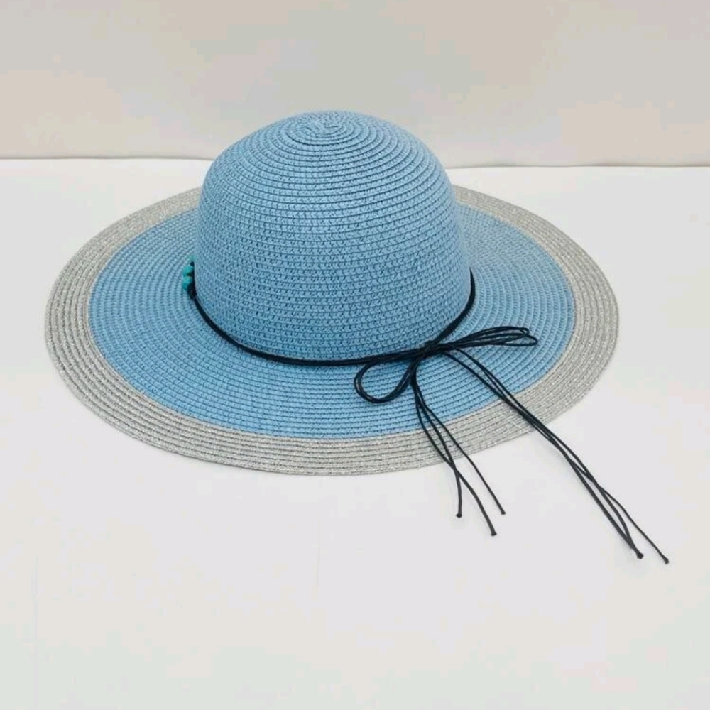 Floppy Hat Color block Blue Silver Shimmer Faux Turquoise Stone Beads - Picture 3 of 7